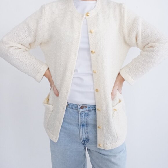 Sweaters - Vintage Kerri Kelsey Cream Knit Button Up Cardigan Sweater L